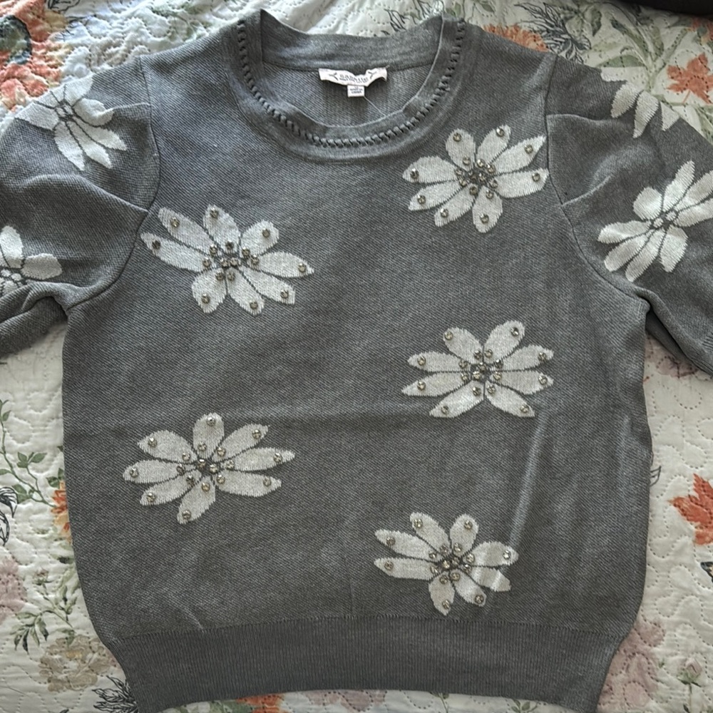 Gray Floral Embellished Sweater